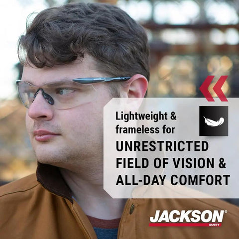 Top Tier Frameless Safety Glasses With Anti Fog Smoke Lenses And Scratch Resistant Coating For Super Comfy All Day Wear Plus Hella Tough Ansi High Impact Eye Protection For Men And Women In Sweet Value Packs Of Twelve. User wearing lightweight frameless safety glasses with smoke lenses.