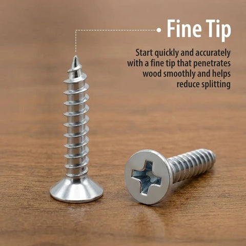 #6 X 1/2 Zinc Plated Flat Head Wood Screws Featuring Phillips Drive in 100 Pack with fine tip for smooth wood penetration.