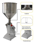 Heavy Duty Stainless Steel Manual Bottle Filler With Solid 10 Liter Hopper And Drip Free Piston Pump Adjusts From 5 To 60 Ml, detailed view.