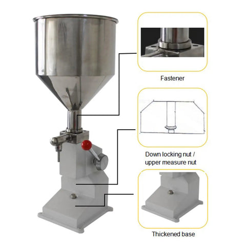 Heavy Duty Stainless Steel Manual Bottle Filler With Solid 10 Liter Hopper And Drip Free Piston Pump Adjusts From 5 To 60 Ml, detailed view.