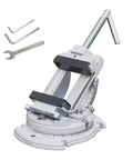 Heavy Duty Drill Press Vise With 0 To 90 Degree Tilt And 360 Degree Swivel Base, 3 Inch Jaws For Precision Metalworking, Ideal Milling And Drilling Fixture With Aluminum Body, Angled, Secure Workholding For DIY And Pros shown with open jaws and tools