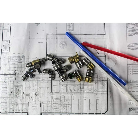 EvoPEX Reducing Tee Three Quarters By One Half By One Half Inch Push To Connect Plumbing Fitting For PEX Pipe Pack Of Three with blueprint and pipes