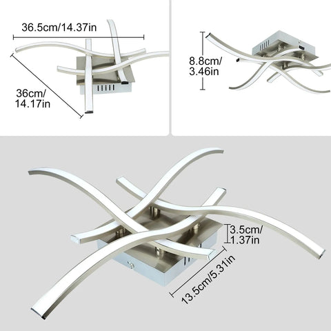 4 Light Modern LED Ceiling Light With Curved Wave Design Brushed Nickel Finish 18W 1650LM Warm White 3000K Flush Mount