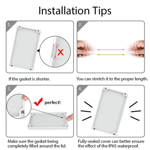 Installation tips for Waterproof Plastic Junction Box IP65 Enclosure showing gasket stretching and fitting instructions.