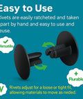 Knockout Quality Ratchet Rivets For Coroplast C And C Cage Panels showing versatile black connectors adjusting for tight fit.