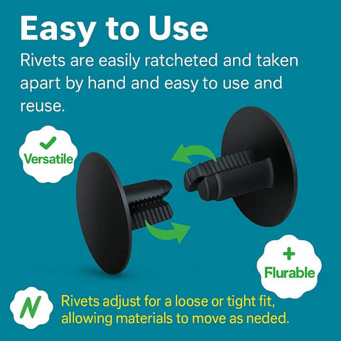 Knockout Quality Ratchet Rivets For Coroplast C And C Cage Panels showing versatile black connectors adjusting for tight fit.