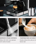 Slick Electric Coffee Maker With Auto Milk Frother For Thick Cappuccino And Hot Latte Brews Stainless Steel Core Removable Water Tank Easy Drain Drip Tray showing espresso shots and milk frothing.
