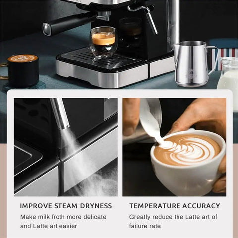 Slick Electric Coffee Maker With Auto Milk Frother For Thick Cappuccino And Hot Latte Brews Stainless Steel Core Removable Water Tank Easy Drain Drip Tray showing espresso shots and milk frothing.