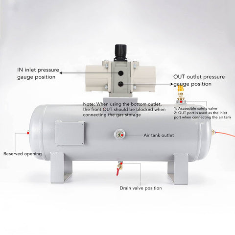Diagram of Pneumatic Boost Valve for Air Pressure Increase, showing inlet and outlet positions on a cylindrical tank.
