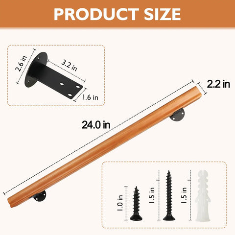 Rock Solid 2 Ft Premium Wood Stair Handrail For Indoor Outdoor Walls product size details showing 24-inch burlywood rail and heavy-duty brackets.