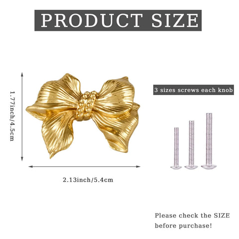 Gold Bow Cabinet Knobs Set Two Pack Brass Finish Bow Shaped Pulls with screws and product size details