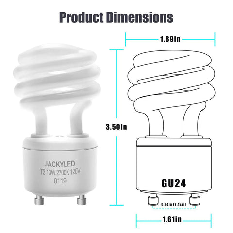 Dimensions of UL Listed 13W GU24 CFL Light Bulbs 2700K Warm White T2 Spiral With GU24 Base shown in diagram