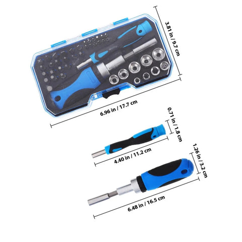 Gutsy Heavy Duty Ratchet Socket Wrench Kit With Extra Screwdriver Bits And A Snap Shut Carry Case Tough Hand Tool Set in a clear case, includes various bits and wrenches.