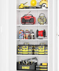 73 Inch Rolling Metal Storage Cabinet With Locking Doors And Adjustable Shelves Built Tough On Wheels For Home Garage Shop Or Workshop Rust Resistant White Finish Heavy Duty Steel With Large Capacity 32 Inch Wide 16 Inch Deep, open white steel cabinet with shelves holding tools