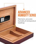 Caliber V Digital Hygrometer And Thermometer With Swiss Made Sensor, Slim 4 Inch Humidity Gauge For Real Time Temp And Humidity Readings, Black Finish mounted in wooden box