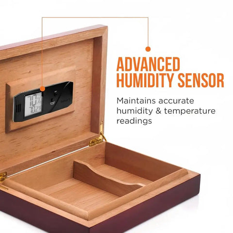 Caliber V Digital Hygrometer And Thermometer With Swiss Made Sensor, Slim 4 Inch Humidity Gauge For Real Time Temp And Humidity Readings, Black Finish mounted in wooden box