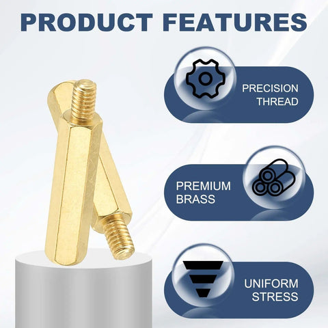 Close-up of Badass M4 Brass Hex Standoffs, showcasing precision thread and premium brass material features.