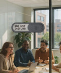 Do Not Disturb Welcome Slider Door Sign in office setting, premium MDF, warm brown, 7.5x2.2 inches, easy install, durable door hanger