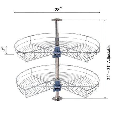 Base Corner Cabinet Lazy Susan Organizer Kidney Shaped 28 Inch Diameter 270 Degree Turntable with 2 Shelves Chrome Finish