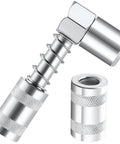 Two-piece Bonsicoky 90-degree grease gun adapter, chrome with knurled grip, close-up view