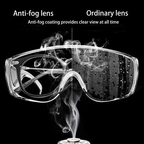 Clear Safety Glasses For Lab Work With Anti Fog Coating, showing comparison between anti-fog and ordinary lenses