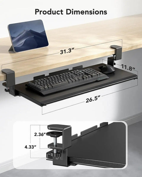 Under Desk Keyboard Tray With C Clamp Mount, 26.5 Inch Wide Sliding Keyboard And Mouse Tray For Home Office with dimensions shown