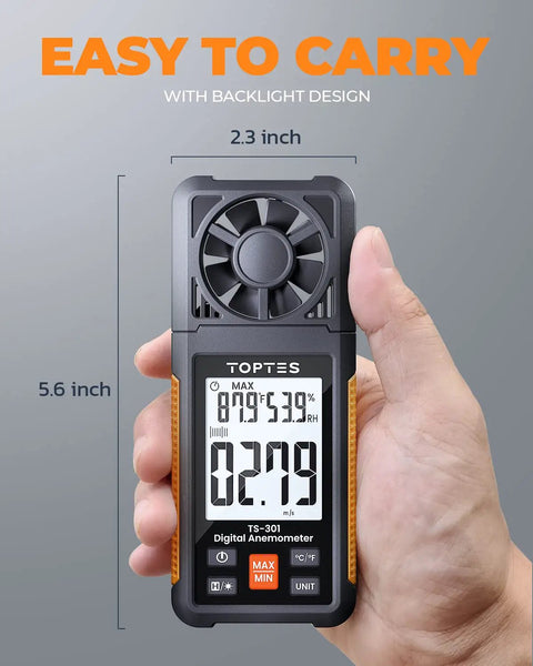 Handheld Wind Speed Meter With 2.26 Inch Backlit LCD Screen Digital Anemometer And Air Flow Meter For Sailing Surfing Drone Flying RC Plans shown in hand