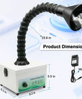 Top Tier Solder Fume Extractor With 105 Cubic Meter Per Hour Suction shown with adjustable exhaust hose and dimensions.