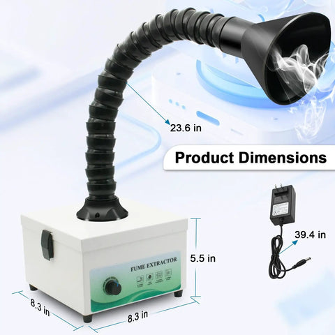 Top Tier Solder Fume Extractor With 105 Cubic Meter Per Hour Suction shown with adjustable exhaust hose and dimensions.