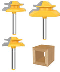 Three yellow carbide 45 Degree Lock Miter Router Bit Set with 1/4 Inch Shank and miter joint sample.