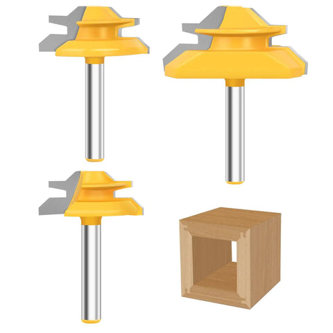Three yellow carbide 45 Degree Lock Miter Router Bit Set with 1/4 Inch Shank and miter joint sample.