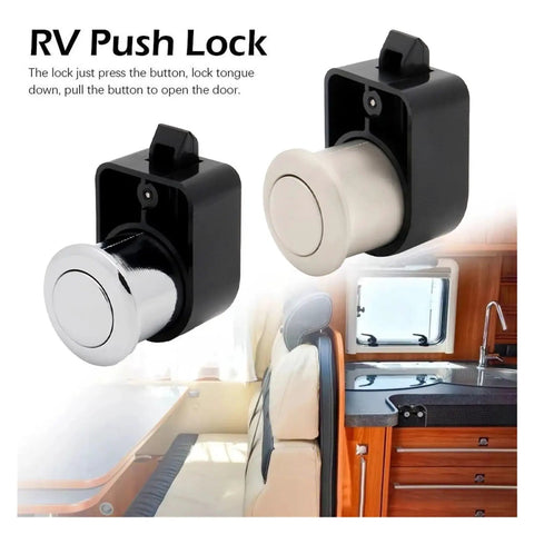Two Pack Push Button Cabinet Lock Latch Set With ABS Base Alloy Pull Handle in Silver Finish, shown for RV use.