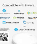Compatibility graphic for 6 In 1 Z-Wave Plus Smart Sensor Gen7 with logos of supported smart home hubs and QR code