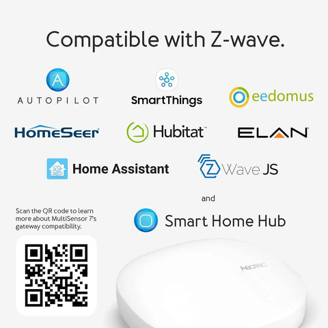 Compatibility graphic for 6 In 1 Z-Wave Plus Smart Sensor Gen7 with logos of supported smart home hubs and QR code