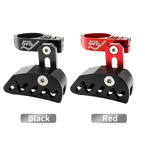 Black and red Go To Heavy Duty Aluminum MTB Chain Guide for Single Crank Bikes, Adjustable Deflector Shield displayed side by side.