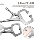 4 Pack Heavy Duty C Clamp Locking Clamps With 6 Inch And 11 Inch Tips, Swivel Pads, Quick Trigger Release, Chrome Vanadium Alloy Build, Built To Last For Your Home Workshop And Craft Projects That Grip Odd Shapes Tight. C-clamp pliers on wood