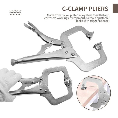 4 Pack Heavy Duty C Clamp Locking Clamps With 6 Inch And 11 Inch Tips, Swivel Pads, Quick Trigger Release, Chrome Vanadium Alloy Build, Built To Last For Your Home Workshop And Craft Projects That Grip Odd Shapes Tight. C-clamp pliers on wood