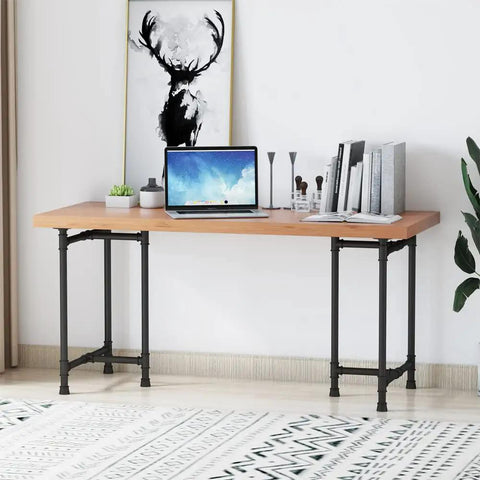 Office space with Beefy Industrial Pipe Desk Leg Set 28 Inch Heavy Duty Vintage Style Furniture Legs For Dining Tables Coffee Tables Benches Set Of 2 Durable Cast Iron Hardware supporting a wooden tabletop with a laptop, books, and decor.