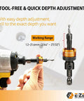 Depth Adjustable Countersink Drill Bit With Tool Free Depth Adjustment And Knurled Lock Collar shown in use, with range 1.2mm to 21mm.