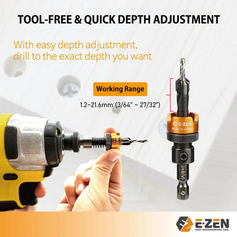 Depth Adjustable Countersink Drill Bit With Tool Free Depth Adjustment And Knurled Lock Collar shown in use, with range 1.2mm to 21mm.