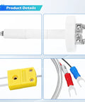 Four-piece K-type thermocouple kit: white ceramic-insulated probe, yellow adapter, braided lead wires with red/blue fork lugs
