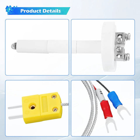 Four-piece K-type thermocouple kit: white ceramic-insulated probe, yellow adapter, braided lead wires with red/blue fork lugs