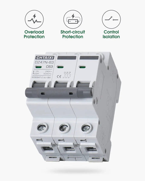 3 Pole 240 Volt AC Miniature Circuit Breaker 63 Amp Heavy Duty Panel Protector For Overload And Short Circuit Magnetic Curve C Trip Silver Alloy Contacts Flame Retardant Shell Easy Control And Isolation, 3-pole breaker
