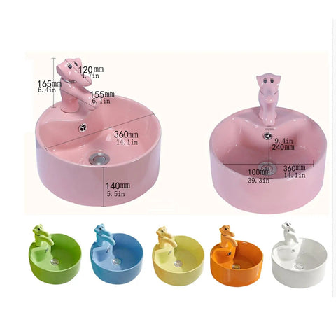 USZWBY Bathroom Vessel Sink Cute Round Ceramic Bathroom Sink with Animal-Shaped Faucet Sink Set Bathroom Sink in pink and colorful options.