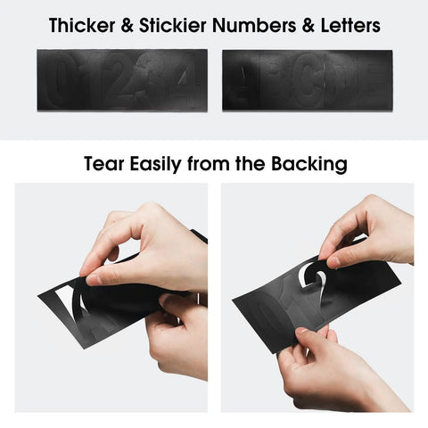 Hands peeling stick-on numbers for Solar Address Sign With LED Illuminated House Numbers, Outdoor IP65 Waterproof Plaque.