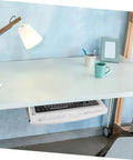 Heavy Duty Sliding Keyboard Tray Smooth Glide Under Desk Mount showing keyboard slide under a clean home office desk setup.