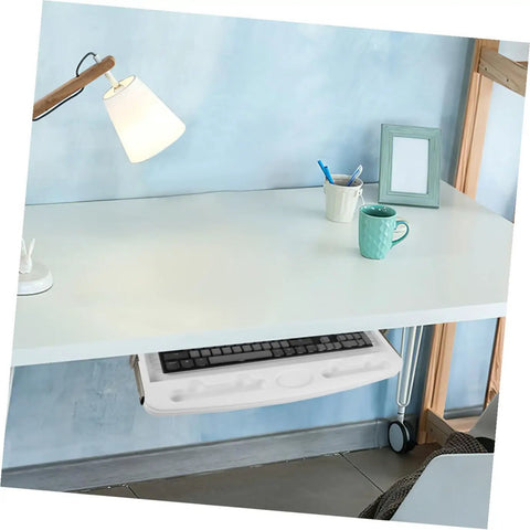 Heavy Duty Sliding Keyboard Tray Smooth Glide Under Desk Mount showing keyboard slide under a clean home office desk setup.