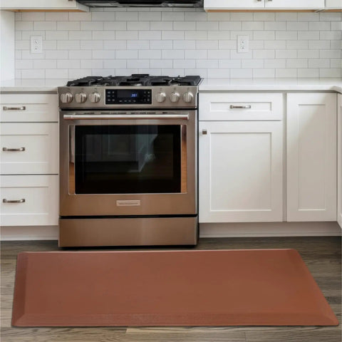 All Day Comfort Anti Fatigue Kitchen Floor Mat With Cushy PVC Construction Waterproof Non Slip Rug in front of stove
