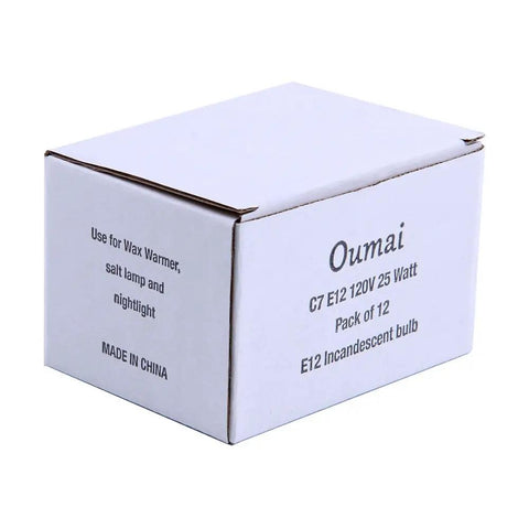 Box containing 12 Pack 25W Replacement Bulbs for Scentsy Plug In Night Lights, Wax Warmers, Diffusers, and Salt Lamps, 120V Bulk Bulbs