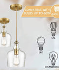 Lit Brushed Gold Pendant Light With Clear Glass Shade, Adjustable 59 Inch Cord, showing bulb compatibility